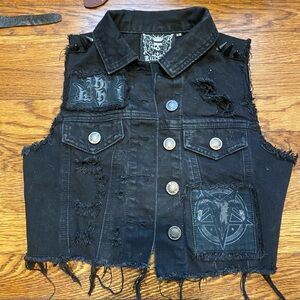 Killstar Black Distressed Studded Denim Vest with Patches